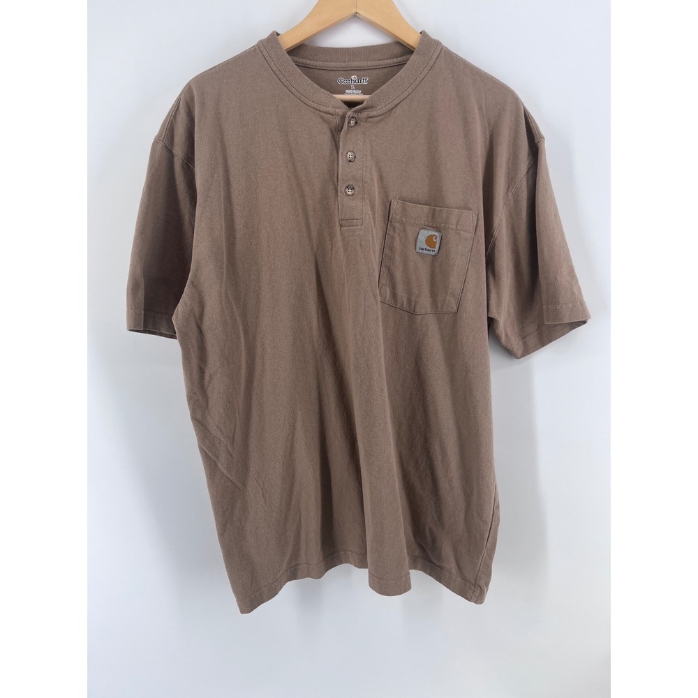 Carhartt Mens Brown Henley Pocket T-Shirt Short Sleeve Cotton Work Tee L Casual